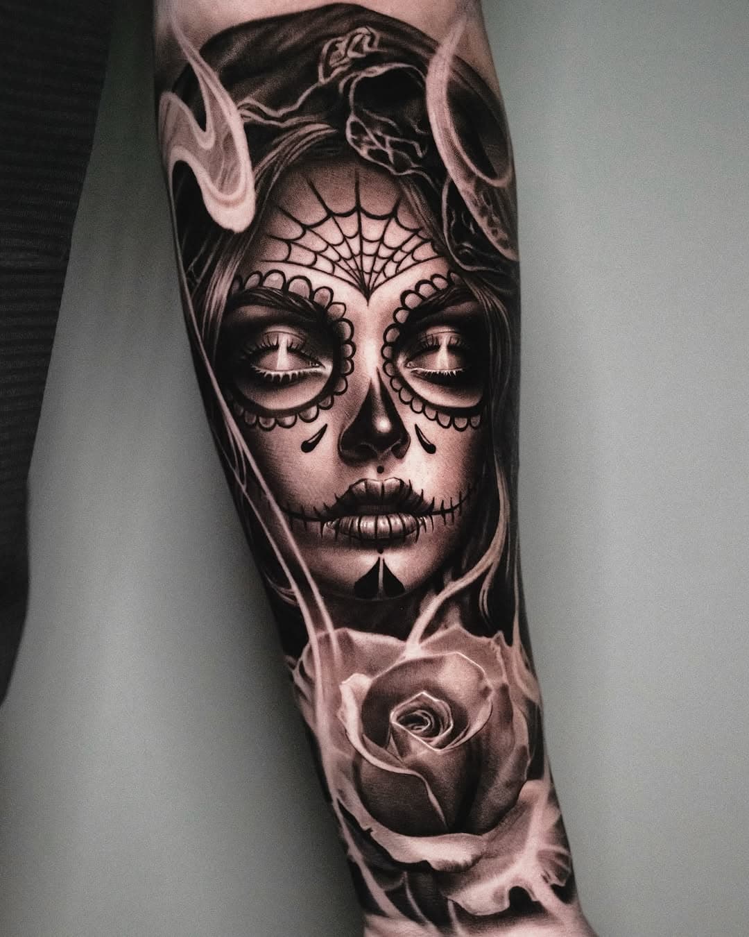 Day of the Dead mood ⚫️ #rvatattoo #virginiatattoo #dmvtattooartist #blackandgreytattoo #dayofthedeadtattoo #inked #virginiatattooartist #tattoostyle #rvatattoos #dmvtattoos #rawpigments