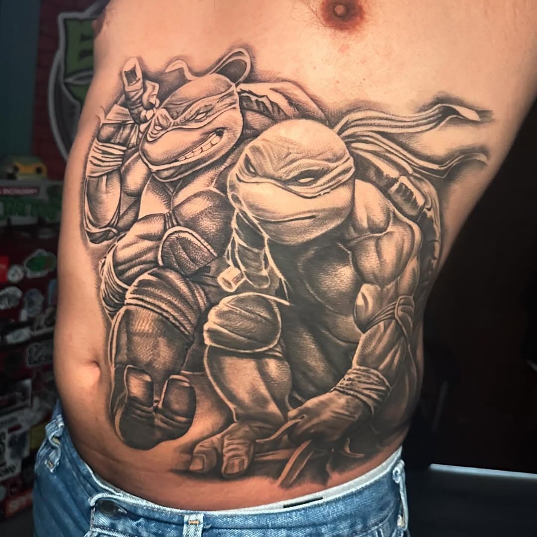 #tmnt” i love being a turtle”. On the homie @feverpaints_76 
 For booking text (626)479-6553 
.
.
.
.
#tattoo #blackandgrey #ink #stomach #ninjaturtles #bodyart #inked #90s #80s #tattoolife #tattooist #tattooartist #guyswithtattoos #losangeles #california #westcovina