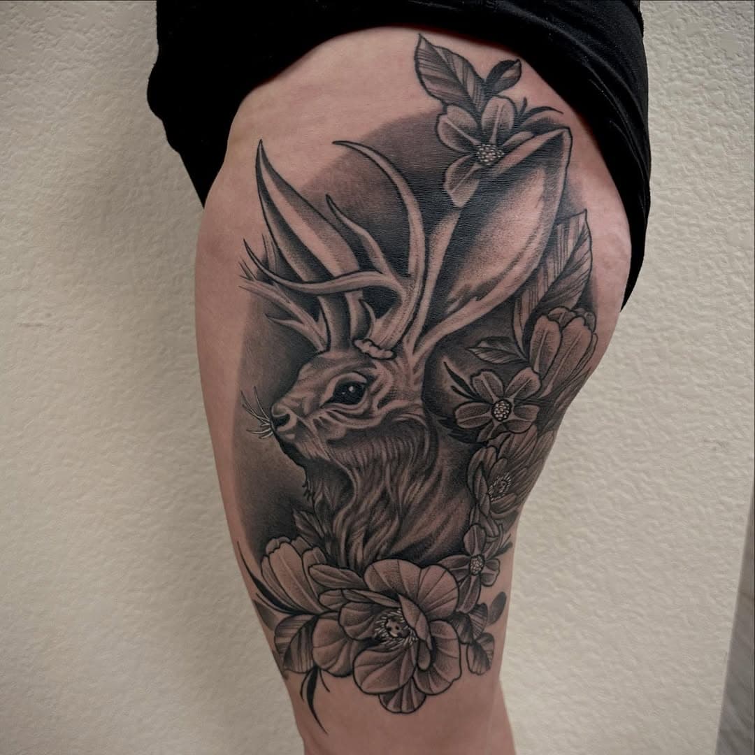 Healed Jackalope from a while back.. thanks Jennifer! 🙏🏼
•
•
•
• #blacksagestudio #ColorfulConcepts  #tattoo #dotwork #dotworktattoo #blackwork #blackworktattoo  #hustlebutterdeluxe #dynamicink #truetubes #fusionink #blackclaw #blackclawneedles #stencilstuff #Kwadroncartridges #tatsoul #denvertattooartist #Coloradotattooartist #EvergreenColorado #floraltattoo #floral #cheyennetattooequipment #jackalopetattoo #jackalope #healedtattoo #healed #skinart_healed #allegoryink #healedtattoos #peonies