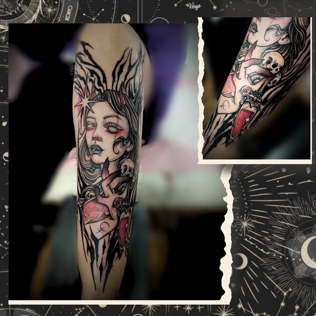 💀🌸 LILITH🌸💀 Muchas gracias @malinfluencia por la confianza y el aguante, toda una campeona siempre. Un honor siempre que te pongas en mis manitas ☺️
.
.
@chris_chalice 

#colortattoo #chrischalice #lilith #lilithtattoo #amoloquehago #delicatessen #hardwork #unasesion #pink&black #finelinetattoo #sanlucardebarrameda #roundtheworld #freelance