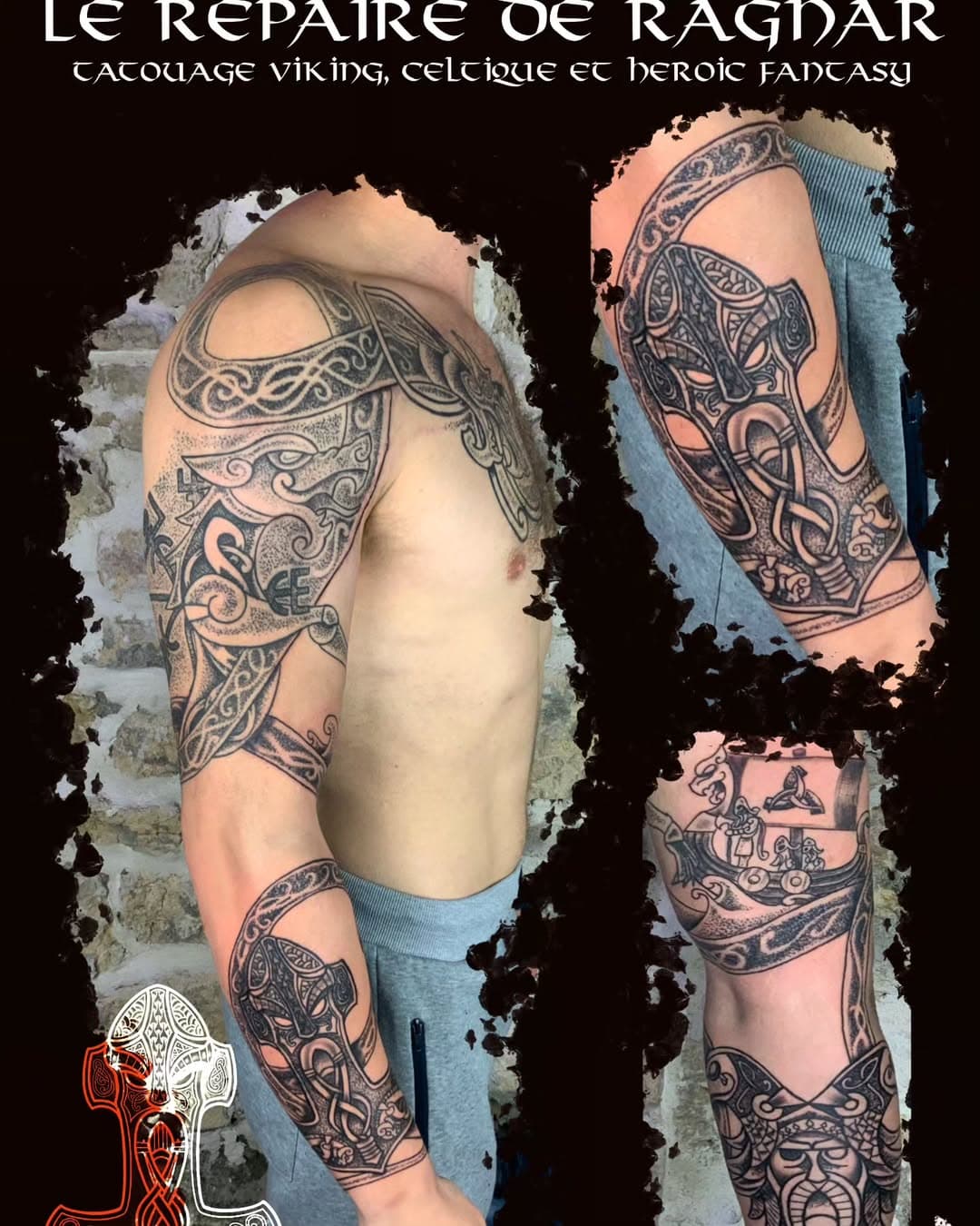 Robin est venu de Cannes avec juste une idée de quelques symboles de la mythologie nordique. Jormungandr, Fenrir, mjolnir... 4 séances au total pour encrer ce tatouage d'inspiration viking. 
#tattoo #tatouage #fenrir #odin #thor #ragnar #lerepairederagnar