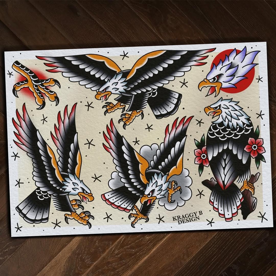 Eagles available to be tattooed colour or black and grey. A3 Prints also available, link in bio ✨ DM for all inquiries 📬
