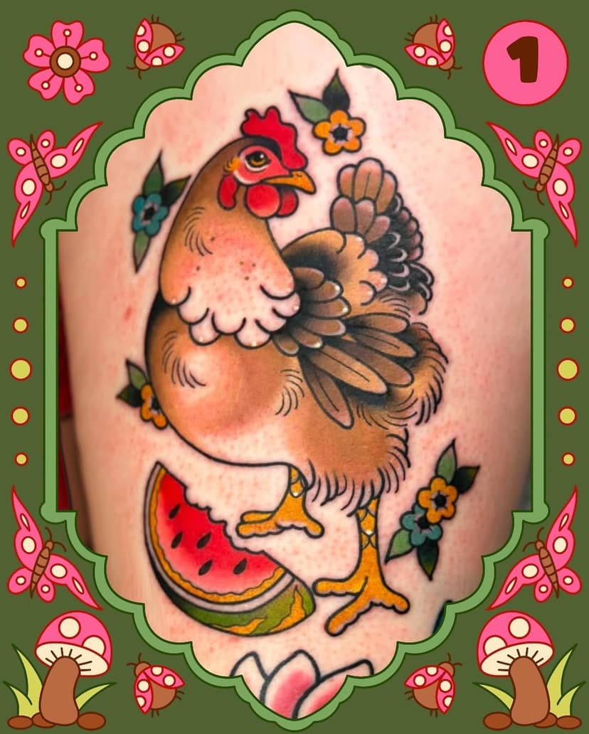 🐓🍓❤️ WHICH IS YOUR FAV OUT OF 1-10? ❤️🍓🐓 

This year I had the privilege of tattooing so many beautiful animals on so many beautiful people! 

Animals have to be my favourite subjects to tattoo, especially chickens. I hope next year I get to make hundreds more for y’all 🥹 

I love hearing all about your pets, your journeys together and how you share your lives with animals. Nothing warms my heart more and reminds me how important community and compassion are in this world that we live in. 

Thank you for being here, thank you for looking and thank you for your support. Love you all! 🐓❤️🍓😍

🐓🍓🍒🐓🍓❤️🍒🐓🍓❤️🍒❤️

#chickentattoo #animaltattoo #melbournetattoo #vegantattoo #frogtattoo #hentattoo #cowtattoo #cutetattooideas