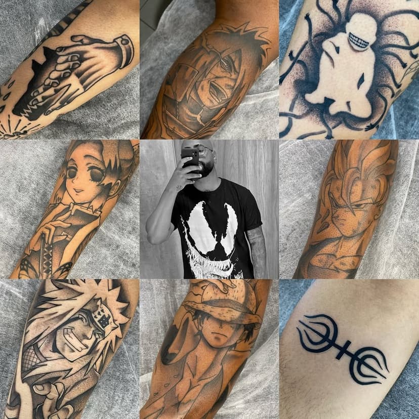 QUE ANO! tatuei bastante sobre o que eu mais curto tatuar, que é Anime/Mangá, pra surpresa de 0 pessoas. Espero que dobre a quantidade de trabalhos assim em 2025 😂👊🏾