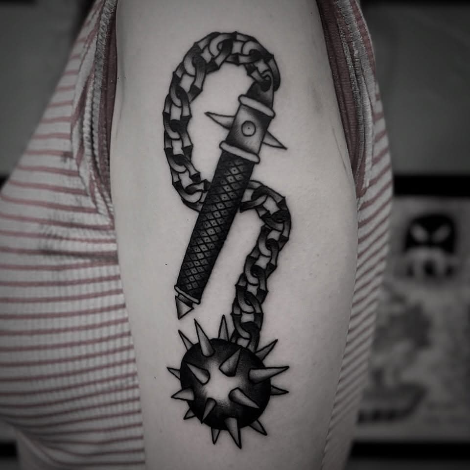 @damnitfrankie #blackandgrey #traditionaltattoo #morningstar #medieval #flail #mace