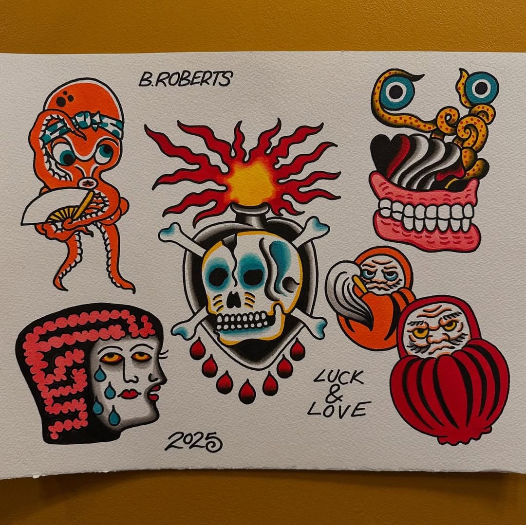 First flash sheet of 2025, I’ve made it a bit of a ritual for myself to always paint flash on New Year’s Day, nice way to start the year. All available as tattoos @luckandlovetattoo