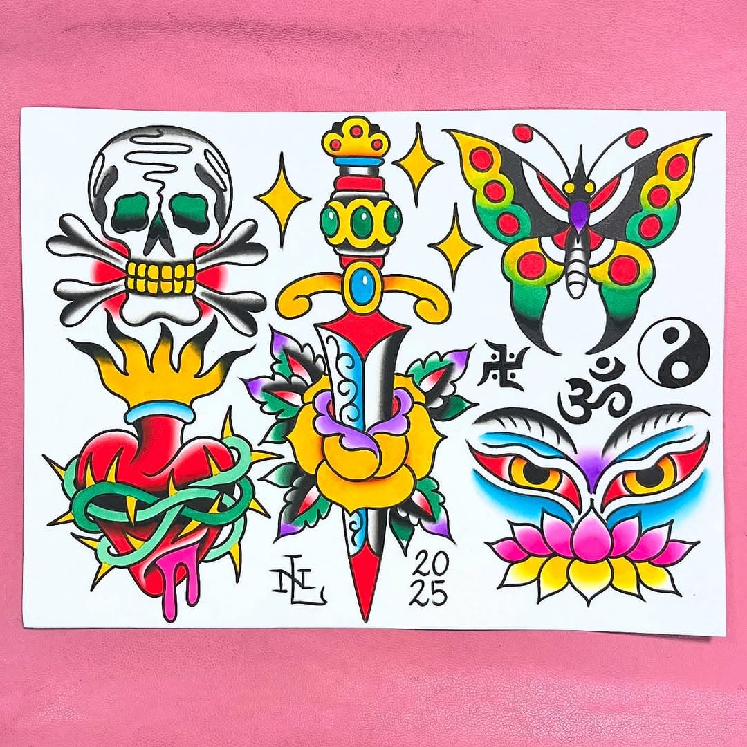 First painting of the year. All the designs are available for tattoos! #tattooflash #traditionaltattoo #tattoo #oldlines #americanatattoos #bright_and_bold