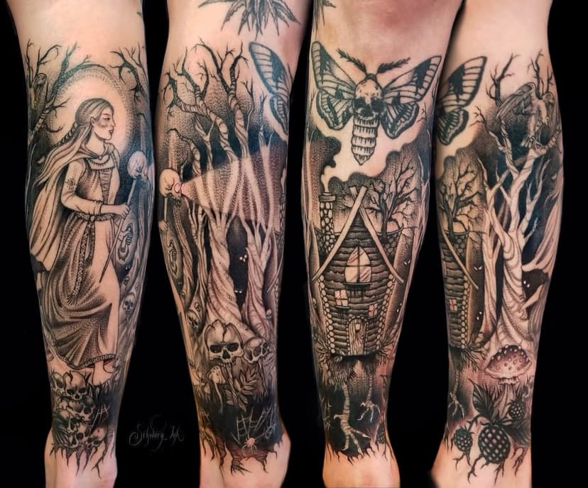 Baba Yaga leg sleeve by @schwarz_ink To book an appointment with Kelsey link to her website through her Instagram page or email schwarztattoos@gmail.com #babayaga #portlandtattoo #pdxtattoo #portland #pdx #tattoo #tattooed #tattoos #rosecity #tattooingpdx #oregontattoo #oregon #portlandtattooartist #portlandtattooers #oregontattooartist #portlandtattooshops #flatirontattoo