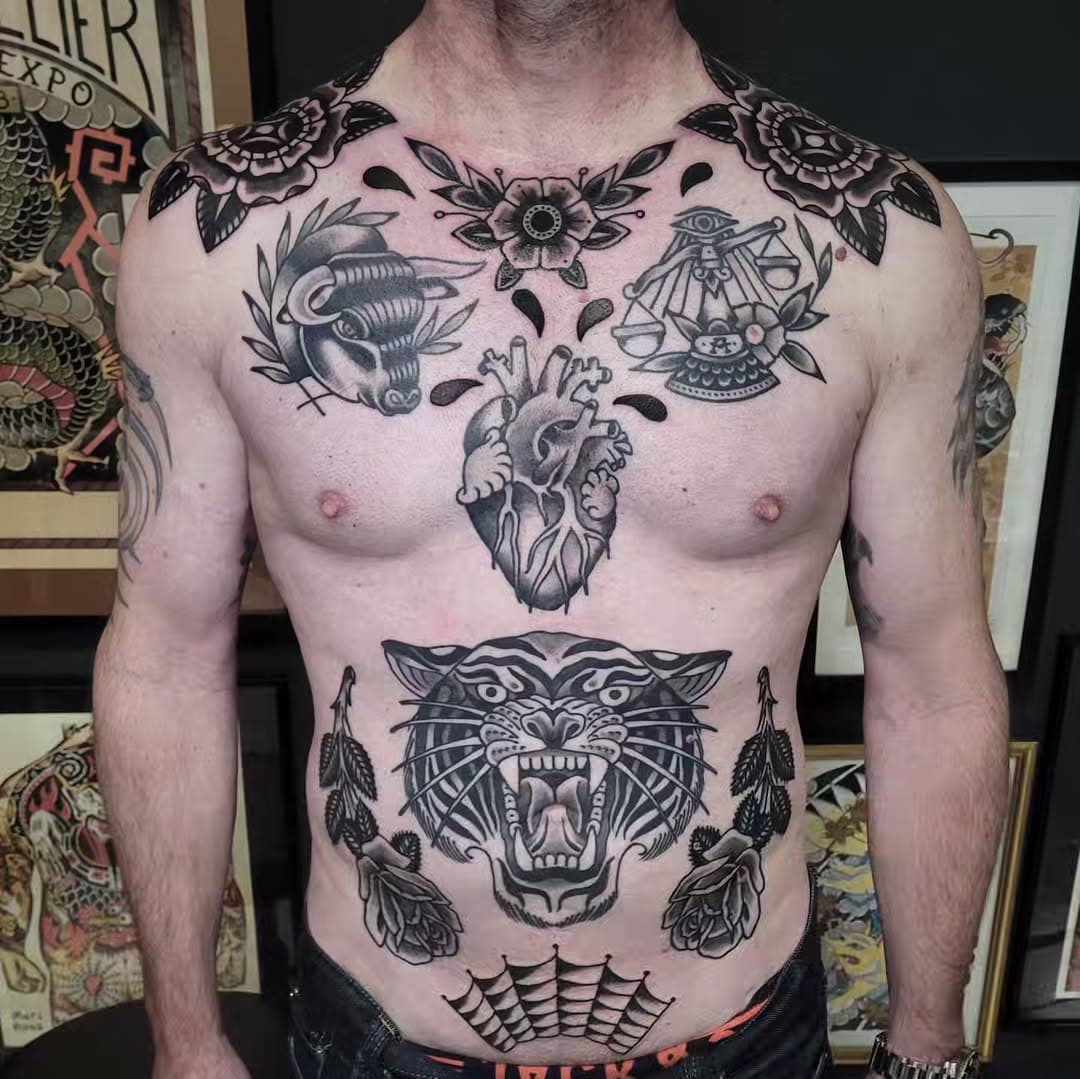 Black and grey traditional chest piece in progress,  thank you Sylvain 🙏💪