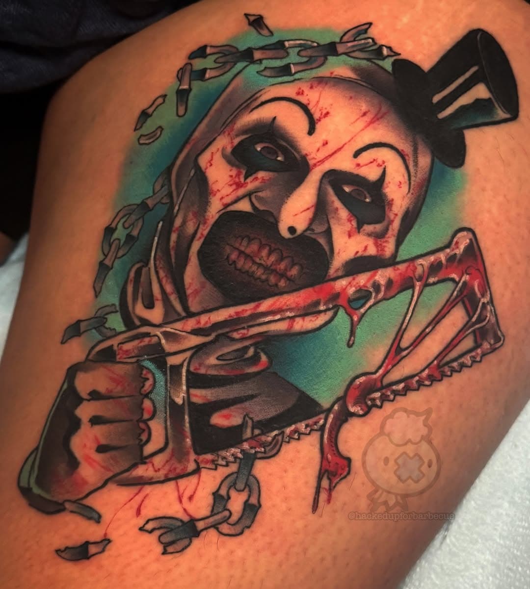 Another Art tattoo. Keep em coming please 🙏🪚🩸🩸
#terrifier#arttheclown#terrifiertattoo#horror#horrortattoo