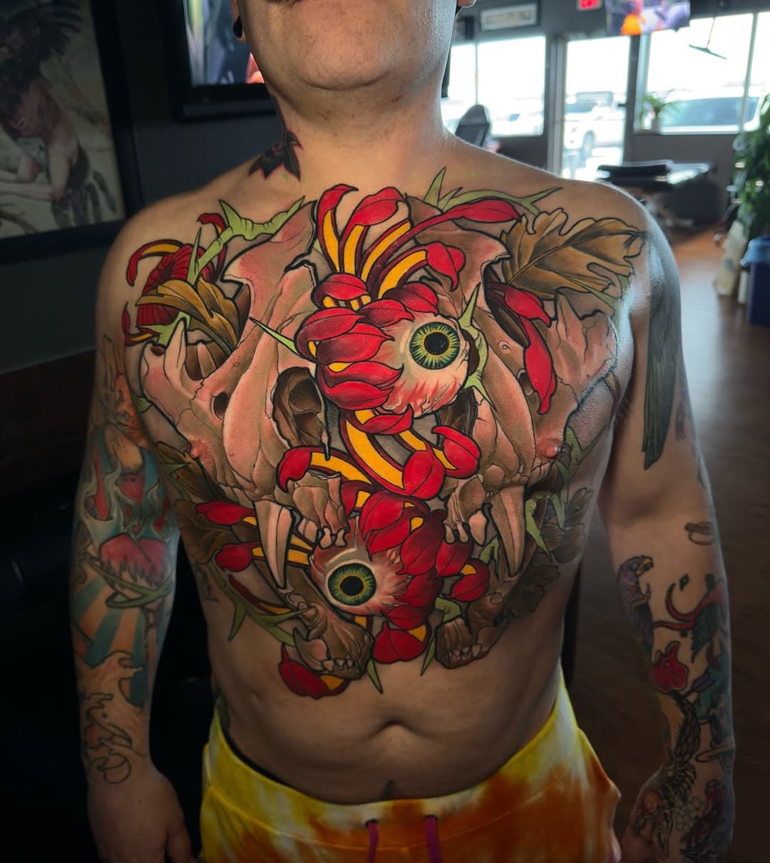 Today we finished up Troy’s chest! Skull color is fresh and everything else is healed. We managed to get this done in 3 sessions because @660bronze is an absolute beast! Thank you thank you thank you illustration #lifeofanartist #yegtattoos #tattooartist  #calgarytattoos #yegtattoos #edmontontattoos #customdesign  #illustrativetattoo #chestpiece #skulltattoo #tiger #tigerskull