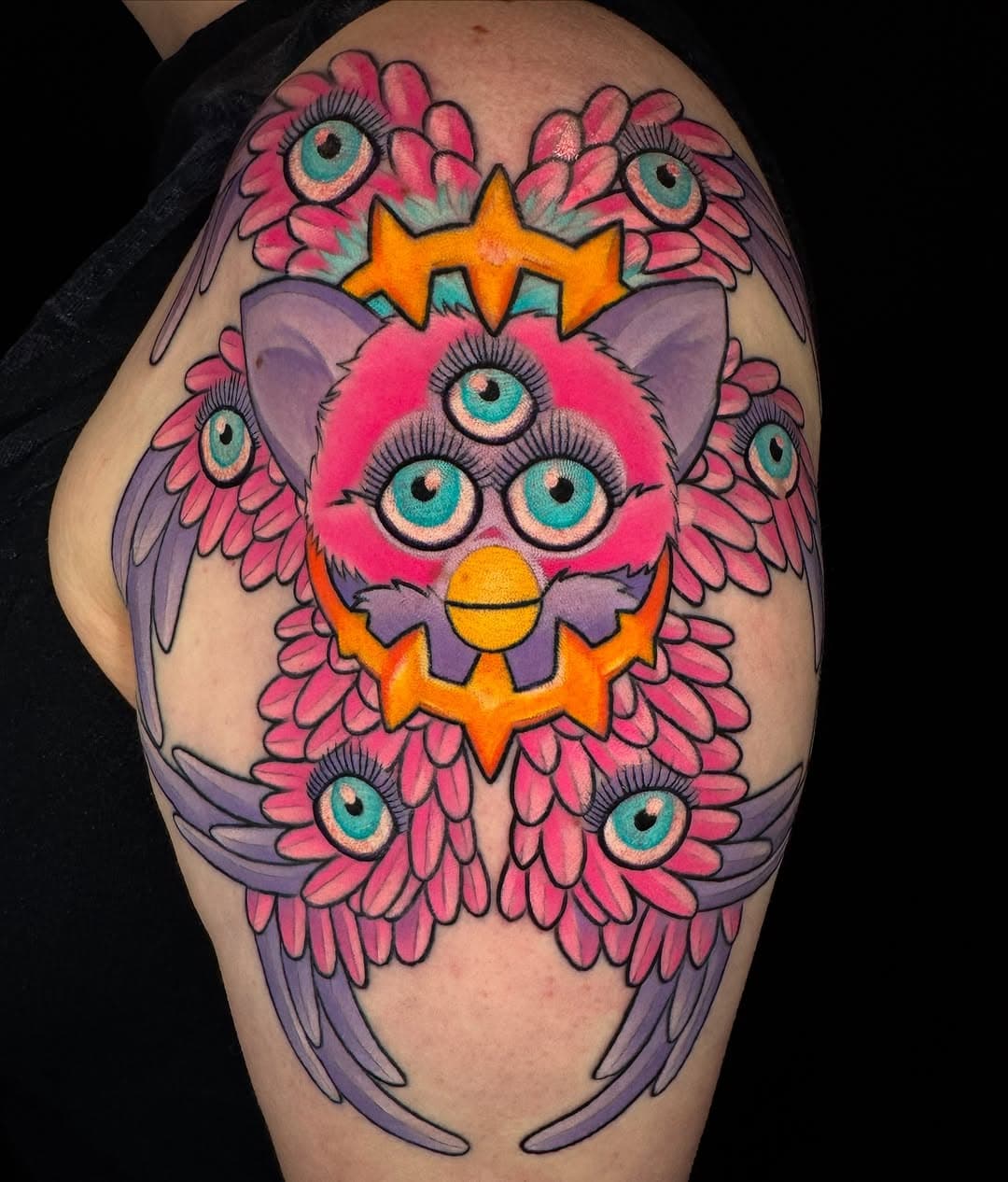 When a client reaches out and requests a “biblically accurate furby!” You reply. YES!! Made at @timelesstattoola using and wearing the best! @sourcetattoosupply @choke_and_dagger #colortattoo #losangeles #girlswithink #tattooedgirls