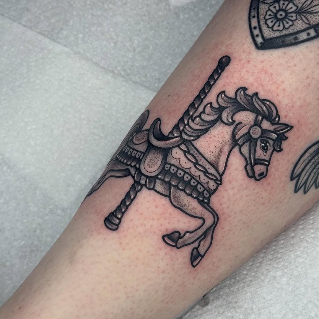 Custom one for the lovely @georgina.janeee 🫶❤️ #horsetattoo #carouselhorse #tattoo #tattoo #blackworktattoo #stippletattoo #traditionaltattoo #essextattooist #uktattooist #londontattoo #leighonsea