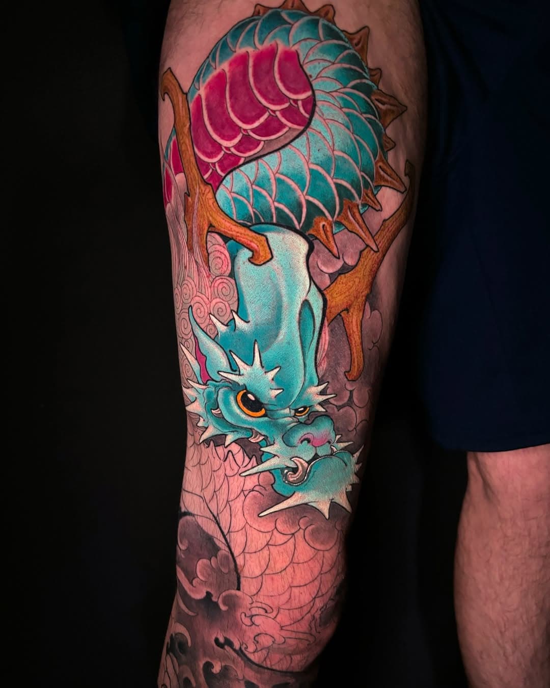 A little progress on Ben’s leg sleeve. Super fun project, and I can’t wait to continue some more. 
My booking in Melbourne are open for 2025 follow the link on my profile to get your spot. @theblackmarktattoo 
Made with @eztattooing @stencil.jam @killerinktattoo 
#melbourne #dragon #tattoo #melbournetattoo