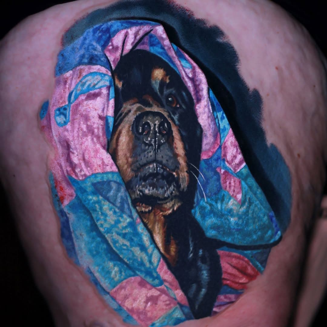 This was so cute and fun to do! Thanks Genny! The portrait and half the blanket is HEALED. Anyone want to do their cute little pup being 🤪 silly or goofy?? I’d love to do it! Inquire by EMAILING Grabletattoos@gmail.com 🙏 #tattooartists #dogportrait #doglover #chicagotattooartist #chicago #art #artgallery #love #puppy #colortattoo #realistictattoos #realismtattoo #portrait