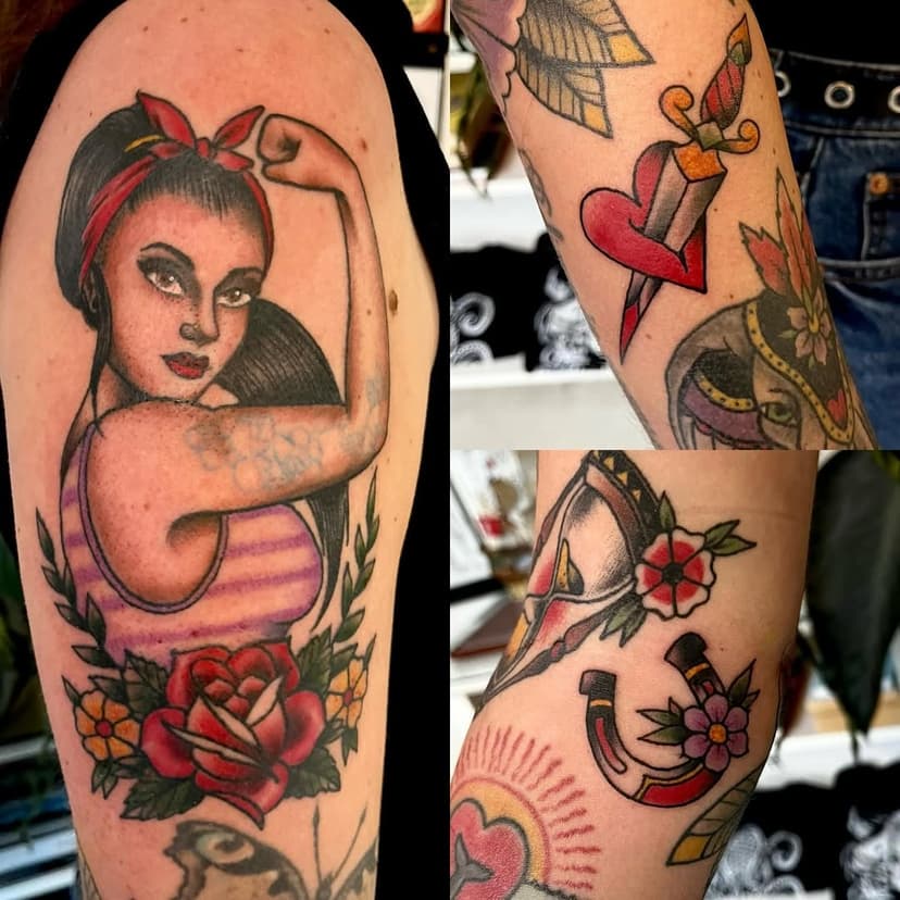 A self-portrait and some fillers for Kim. I love my big projects, but the small one are fun too!! Never be afraid to ask ☺️ Thanks Kim! #theofficetattoo #theofficetattoos #rotterdam #meent #oppert #tattoo #tattoos #rosietheriveter #rosietherivetertattoo #strongwoman #oldschool #oldschoolfiller #oldschoolfillers