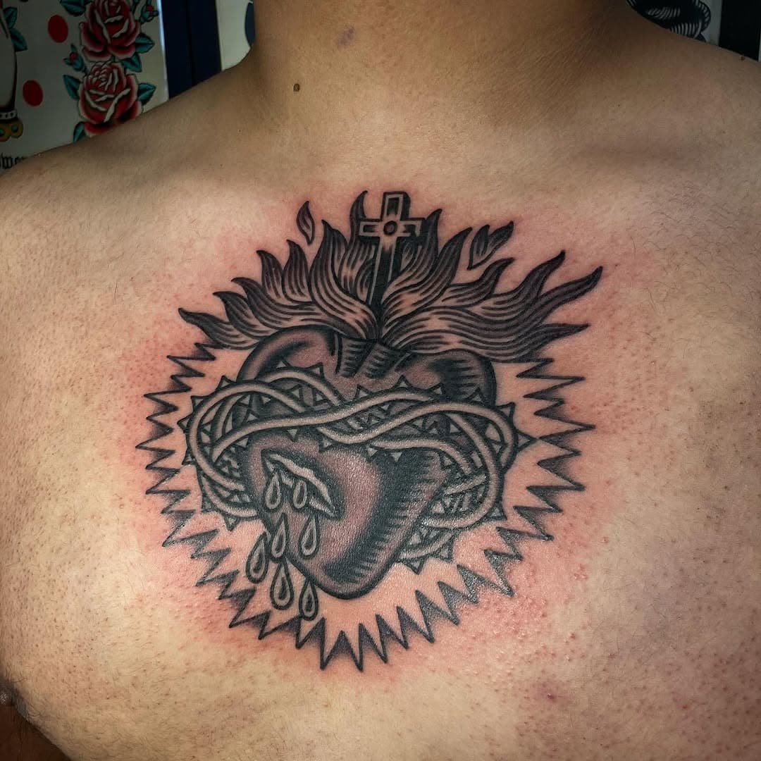 One shot sacred heart on the chest done for @seb._.54 , thanks for sitting like a champ homie! Can’t wait to add more to this! Done @buenasuertetattoollc