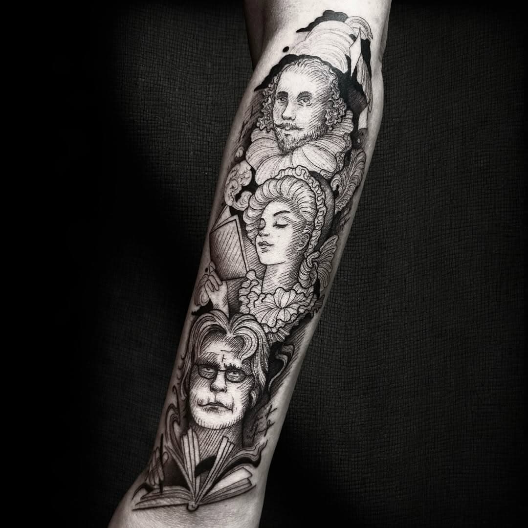 On lovely Cecilia, three authors who shaped the world with their work. Stephen King, Jane Austen and William Shakespeare. Thank you for trusting me with this piece! It was fun bringing it to life! 🖤