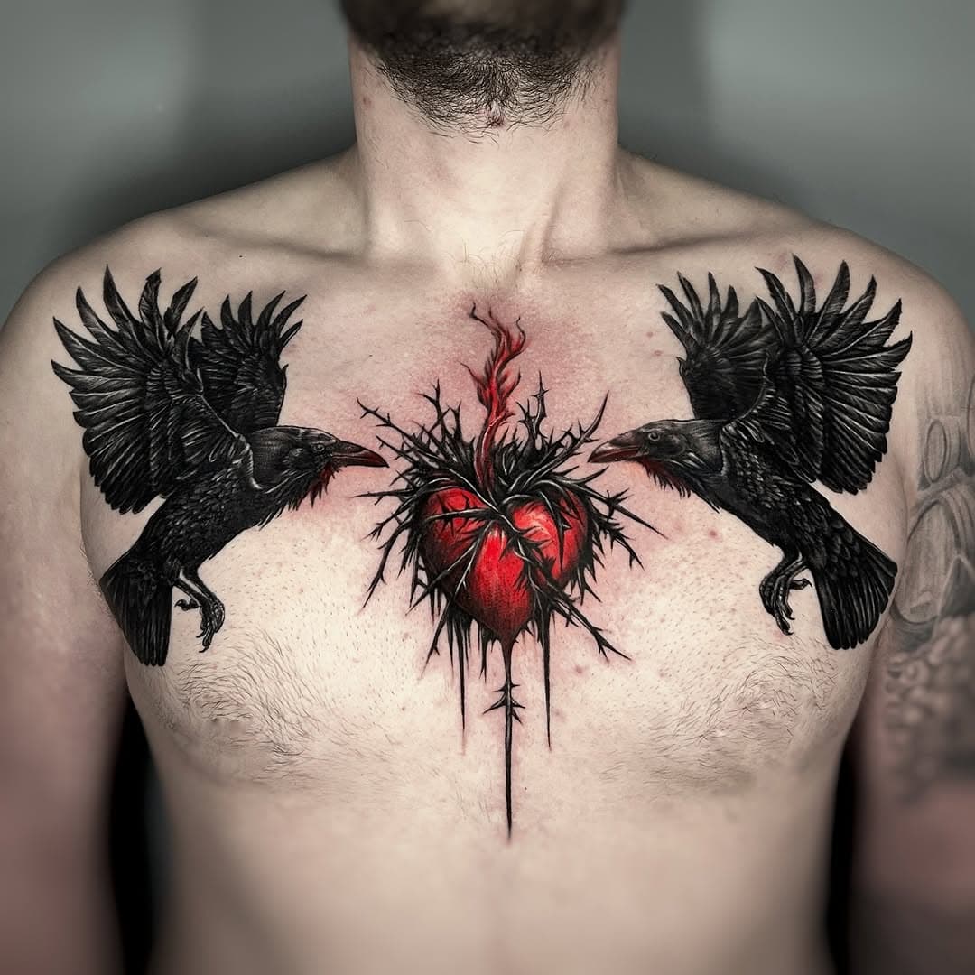 Tatuaż w wykonaniu @tattoo_halina 🐦‍⬛❤️‍🔥 

W celu zapisu zapraszamy do wiadomości prywatnej 📩 

#chesttattoo #raventattoo #hearttattoo #colortattoo #realistictattoo #tattooszczecin