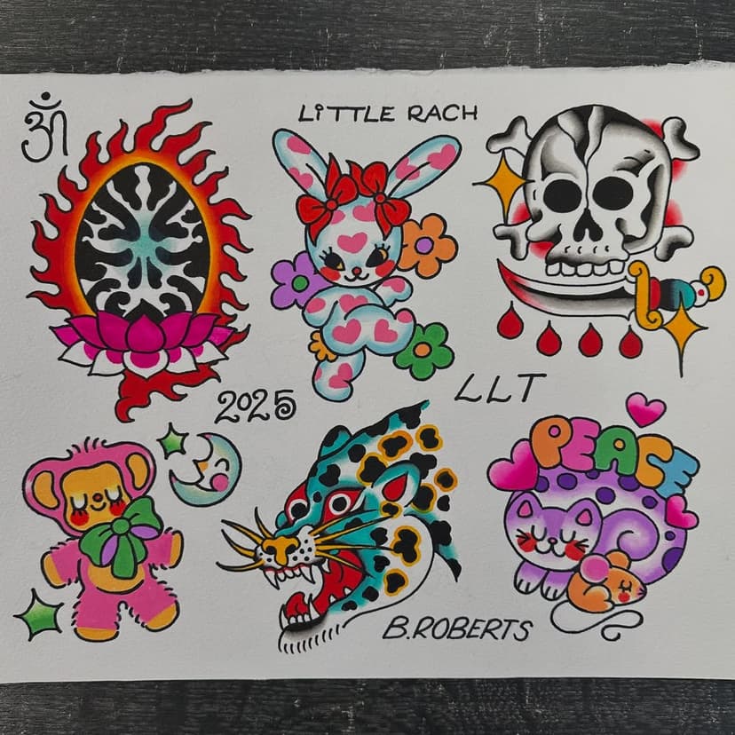 Split sheet of flash @littlerachtattoo and I painted this weekend, all available to be tattooed @luckandlovetattoo #handpainted #handpaintedtattooflash #traditional #traditionaltattoos #luckandlovetattoo #darlington