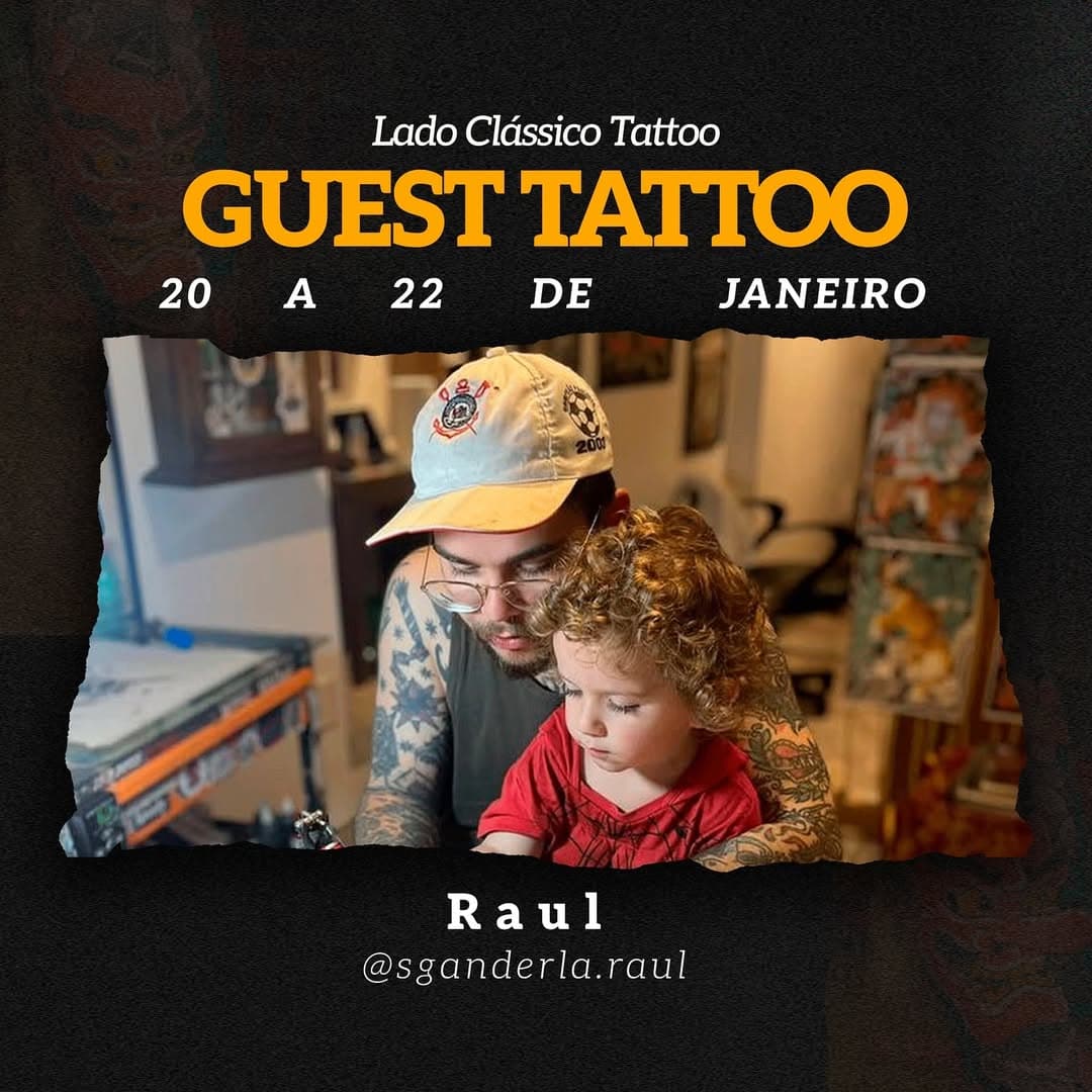 - GUEST TATTOO 20 A 22 DE JANEIRO -

@sganderla.raul chega no Lado Clássico, e vai atender no estúdio nos dias 20 a 22 de janeiro.

Afim de tatuar? Vem com a gente!
O agendamento e orçamento, é direto com o tatuador.