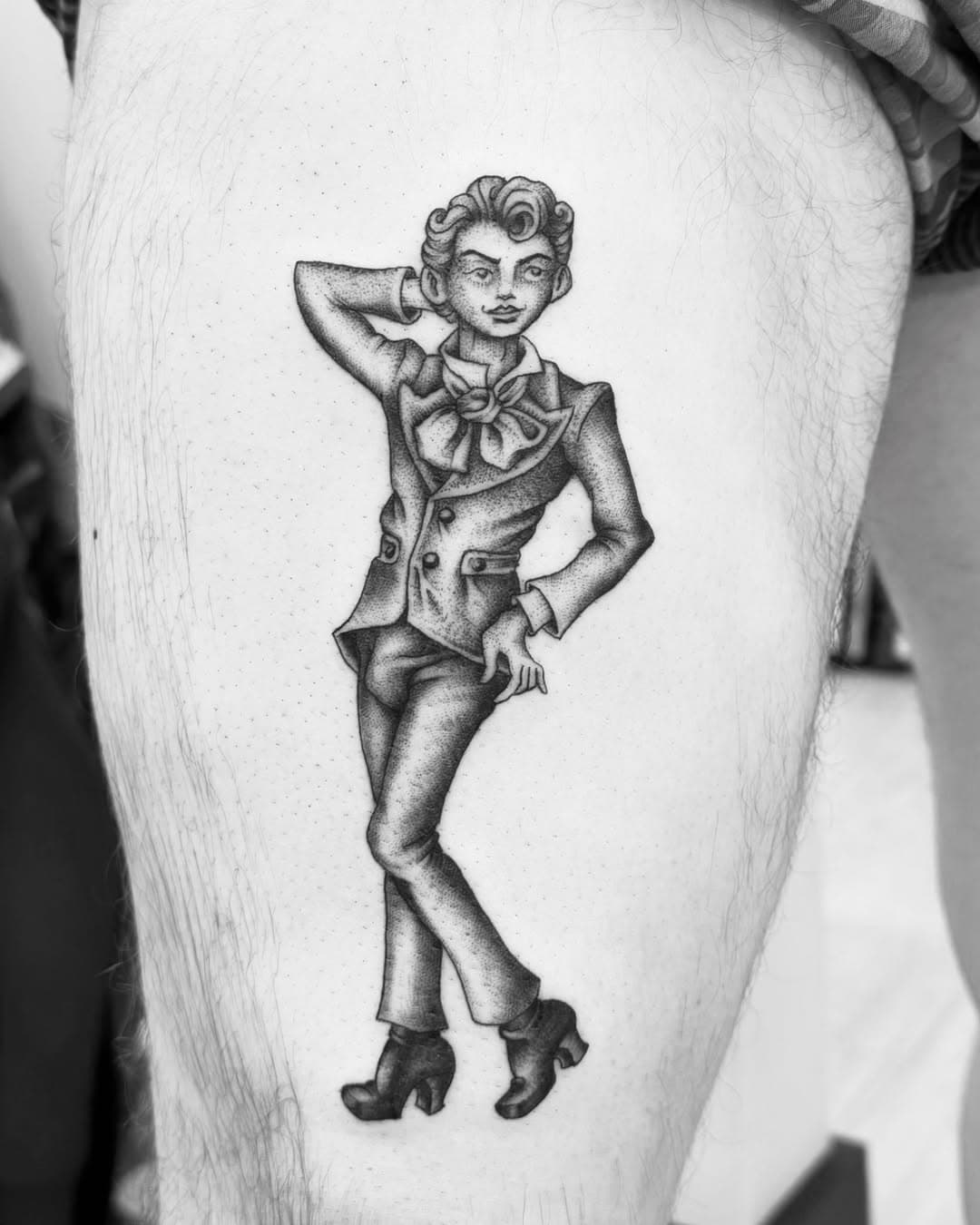 A couple guy pinups on either thigh, one fresh one healed. Pinups are always welcome, just please get them at an appropriate size to allow for the deets.