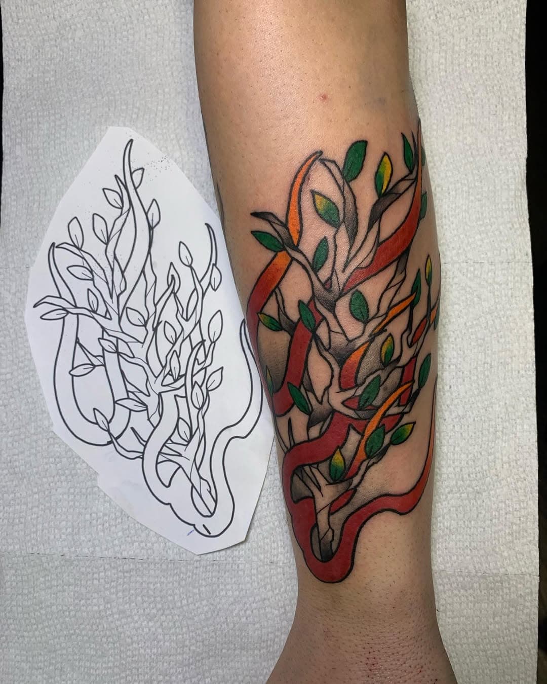 🌳 🔥 burning bush tattoo.  Booking Jan/Feb 📚  Thanks 🙏  for looking, can’t wait for the next idea 💡 have a great day!  ___________________________________.  #tattoo #colorful #art #houstontattooartist #eternalink #dynamicink #workhorseirons #bookingavailable #houston #sugarland #texas