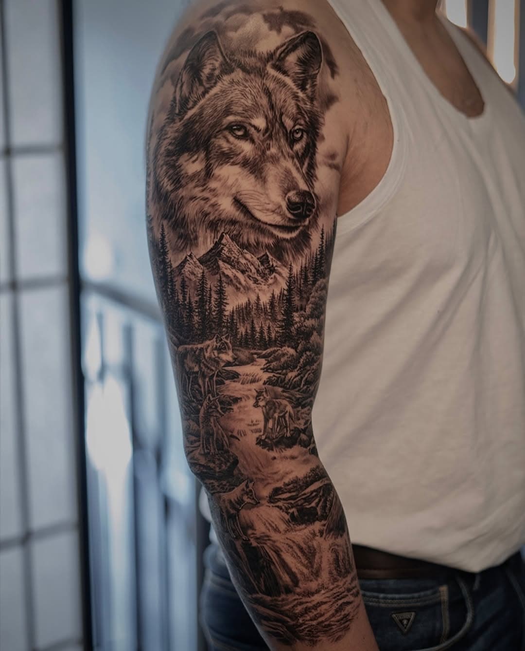 Wolf flavoured landscape 🐺
.
.
.
.
.
#tattoo
#tattoos 
#tattooed #torontotattoos #toronto  #nature #naturetattoo #landscapetattoo
 #instatattoo #blackandgrey #britishcolumbia #mountaintattoo #alberta #wolftattoo