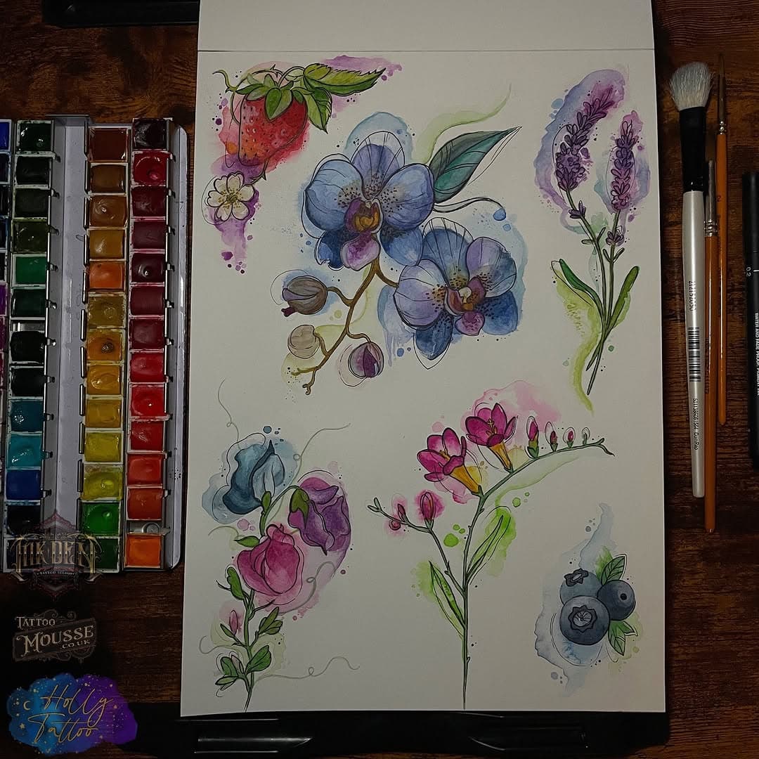 Watercolour floral flash sheet 💐🌟
Been working on some little paintings that I would love to turn into tattoos. Can be any size (whilst still keeping the detail) price depends on exact size✨

hollytattooxo@gmail.com for enquiries 🫧

#watercolour #watercolourflowers #watercolourtattoos #floralflashsheet #flashsheet #flowers #colourful