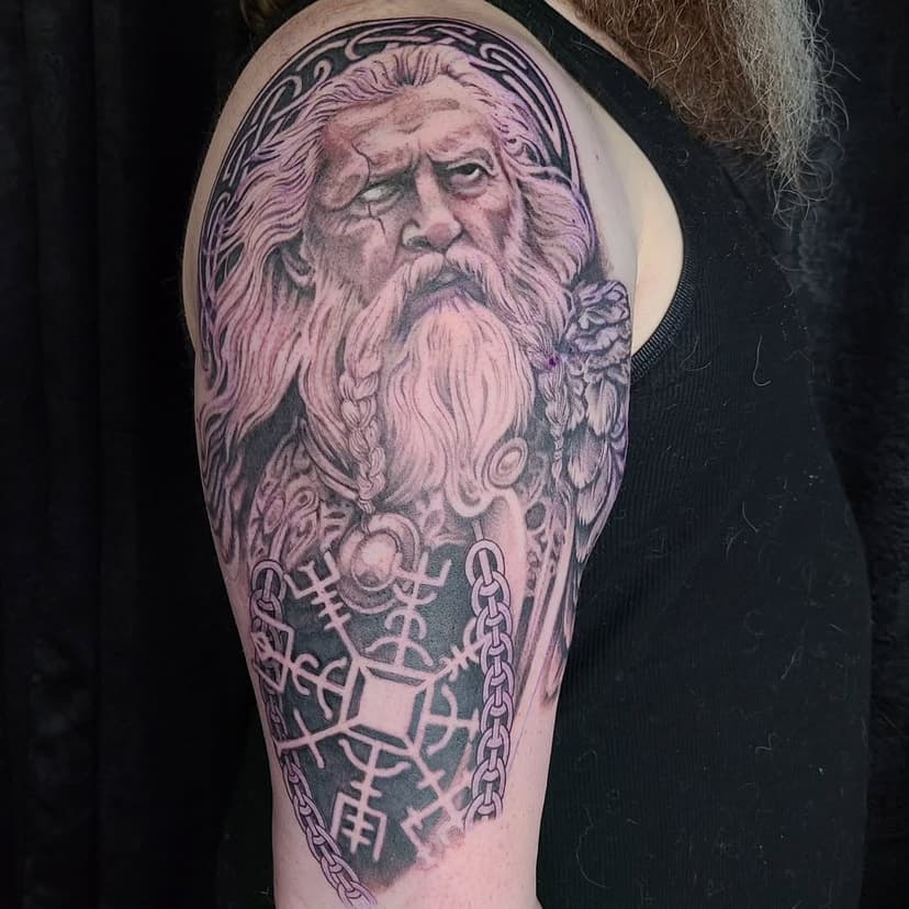 Started this nordic themed sleeve, odin is such a cool character to design! 

#blackandgreytattoo #nordictattoo #odintattoo #lovelandcolorado #coloradotattooartist