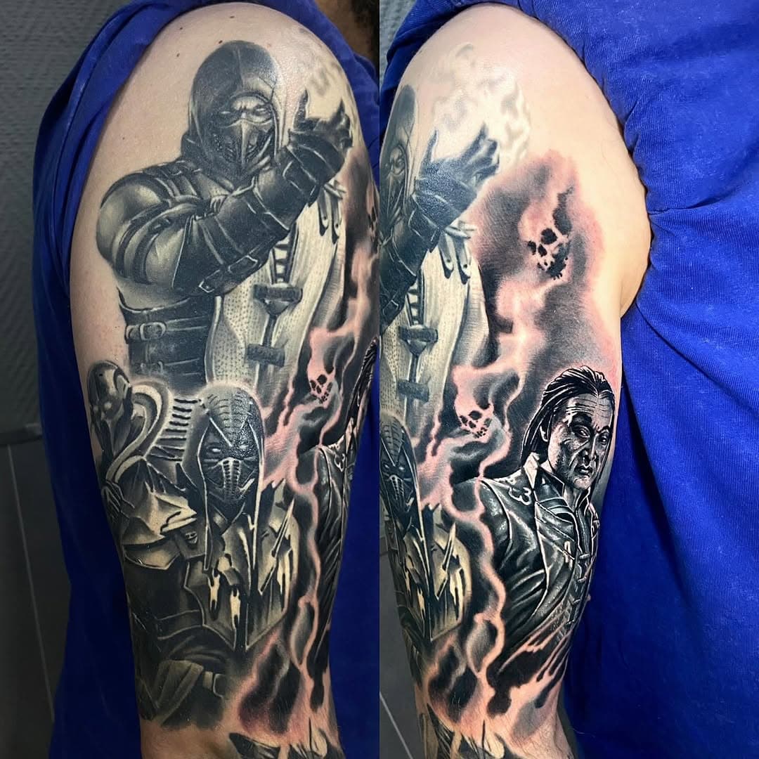 Mortal Kombat 
( Client came back after 2 years )
#makskornev #tattoo #blackandgreytattoo #mortalkombat #realistictattoo #worldfamousink