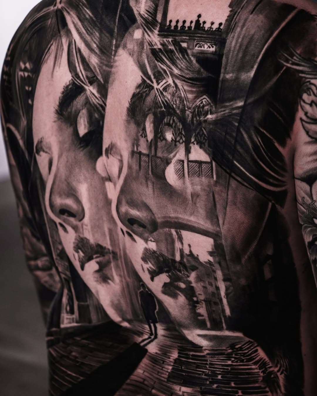 Detail from Griffs “Nostalgia for the city” back piece 
We have one more session to complete but I wanted to share the progress , this was a creative concept and approach that I really enjoyed .