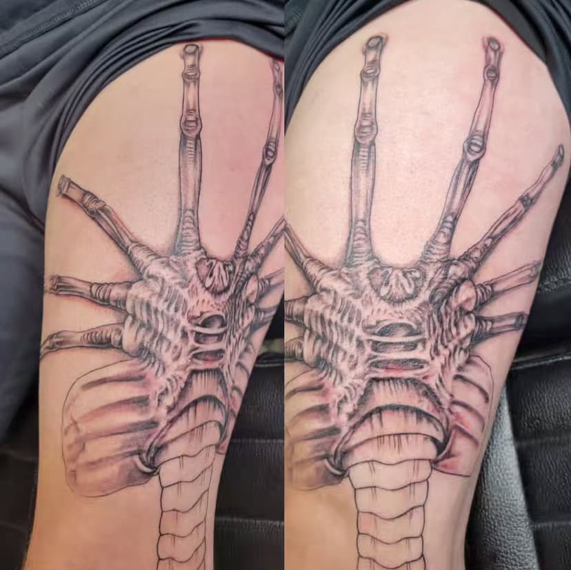 In Progress Facesucker. Stoked on the way this is coming together!! #3rdlayertattoo #jeremymisery #facesucker #alien #hrgiger #tattoo #coloradospringstattoo ##coloradosprings #719tattoo #blackandgreytattoo