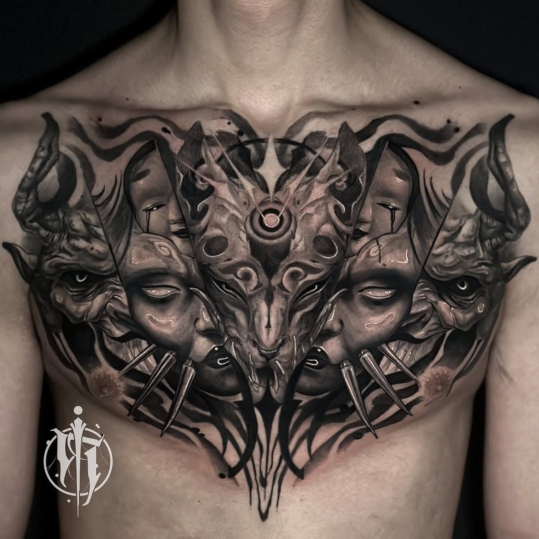 How incredible is this eerie chest piece?  based on Kitsune and Waka-onna masks, done by resident artist Breno. 
Get in touch to book in! 

Artist: ✨ @ymura.tattoo ✨