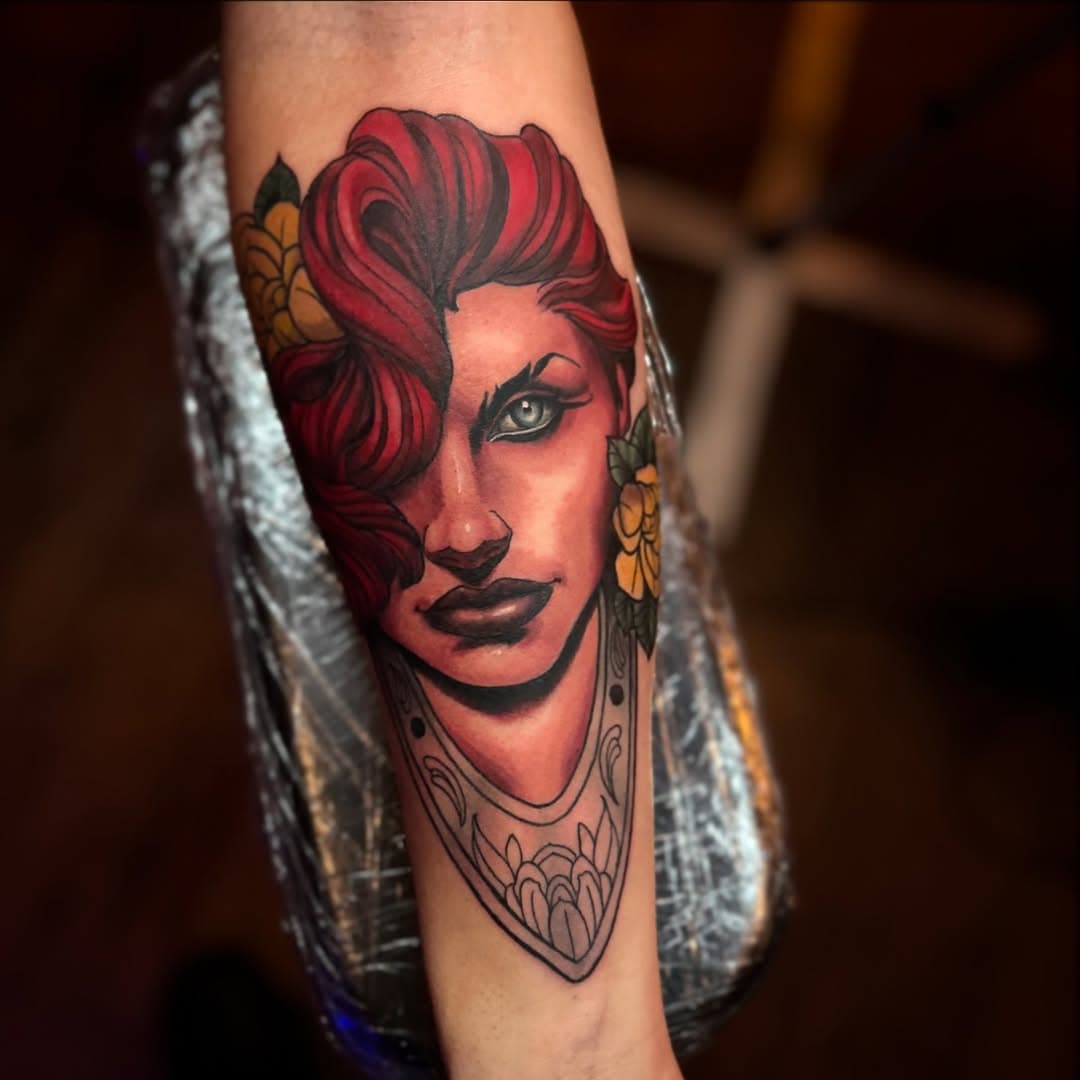 One from my flash set. @dartbully502 was looking for a red haired lady face, decided to give it a color flair.  @keithbmachineworks @hushanesthetic @eternalink @kingpintattoosupply @ghostlineapp