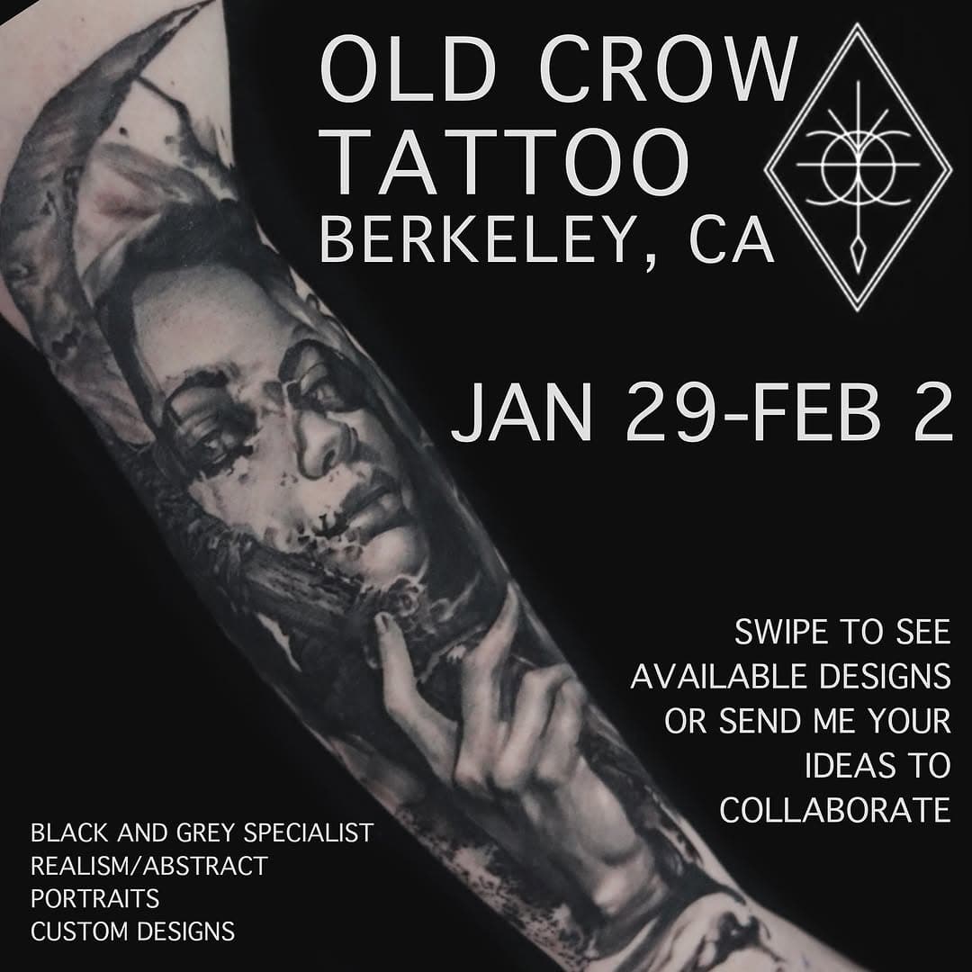 Jan 29-Feb 2 I’ll be tattooing at Old Crow Tattoo in Berkeley, CA. @oldcrowtattoo 
SWIPE to see some designs I’d love to do or DM me with your ideas.
TO BOOK AN APPOINTMENT DM me or click the link in my bio 
.
.
.
#bayarea #berkeley #tattoo #blackandgreytattoo #portraittattoo