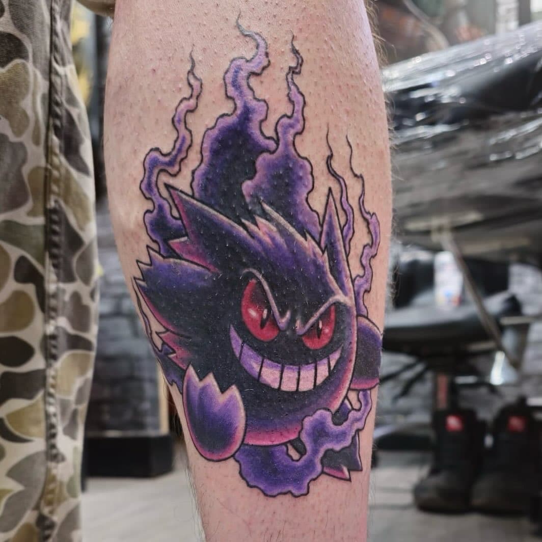 Gengar cover up by Gavin @wastedandwounded #gengar #ghastly #pokemon #coverup #tattoo #wastedandwounded #wiseguysink