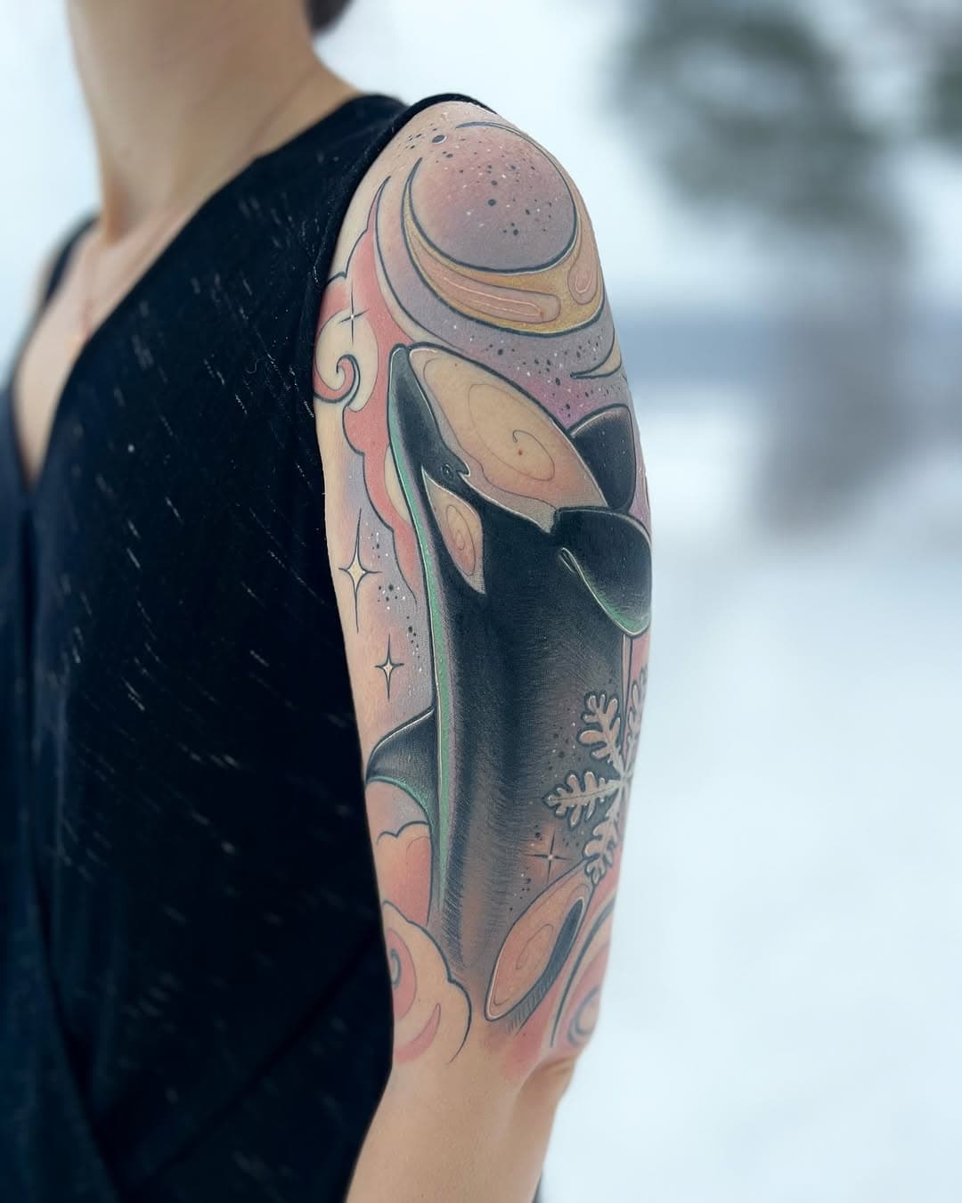 🤍-The Arctic Orca Sleeve-🤍
This is not just a tattoo project-it’s a journey, a bond, and a piece of our story.
Last week, for my birthday, we traveled to the breathtaking wilderness of northern Norway to swim with these majestic apex predators. Words can’t capture what it felt like to be in their presence-raw, powerful, and humbling all at once.
Sharing this moment with you has made this tattoo so much more than ink on skin. It’s a tribute to one of the most awe-inspiring experiences of our lives, a memory etched forever in our hearts.🤍
I’ll never forget what we saw, what we felt, and what it means to us. And now, I can’t wait to bring this sleeve to life and give this memory the depth and beauty it deserves! 
We finished the upper arm in my house and home in northern Sweden! ✨

Done with #magicmoontattooneedles from @magicmoon_tattoo_supply
#magicmoonsquad #magicmoonbiocarts #magicmooncartridges #comfortcarts
#tattoo #tattooartist #ArcticAdventure #SwimWithOrcas #OrcaTattoo #TattooJourney #neotraditional #neotraditionaltattoo #Norway #orca #OceanLovers #sweden #whale #Tattoolnspiration #NatureLovers #Wildlife #ExploreTheWorld #Adventure #CreativeCommunity #ViralMoments #freewilly #killerwhale #killerwhaletattoo #orcalovers #tattoolovers