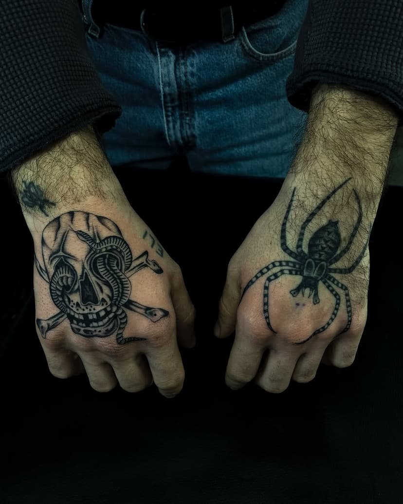 Added a skull to jacks hand the other day. Thank you for choosing me for your hand tattoos! Spider healed from a year or so ago.