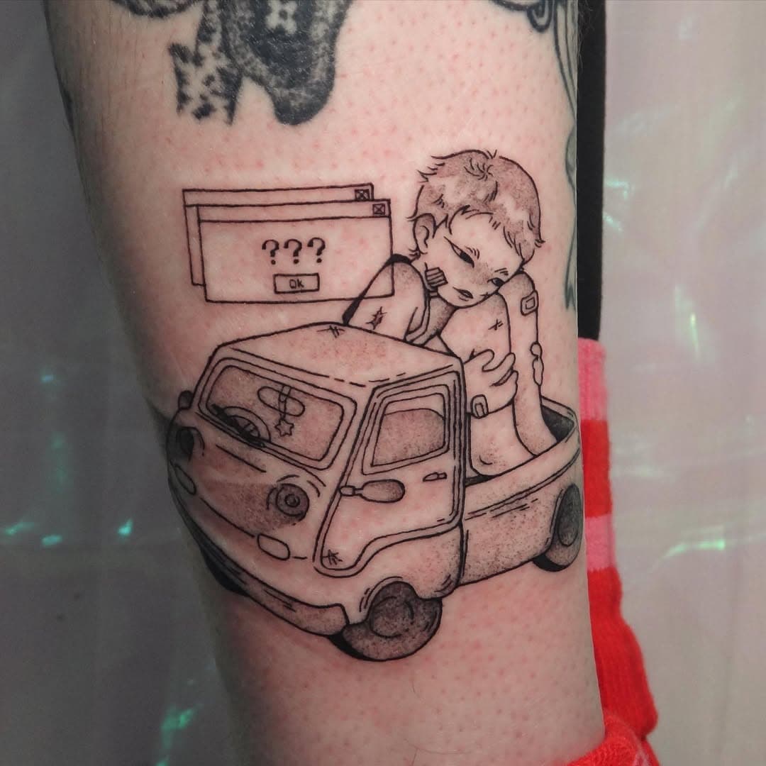 so incredibly happy i got to tattoo this flash 😭😭 thank you so much M for claiming it and for the fun talks!!! (i did in fact get more yarn after our session lolol) #torontotattoo #torontotattooartist #cutetattoo #y2ktattoo #kawaiitattoo