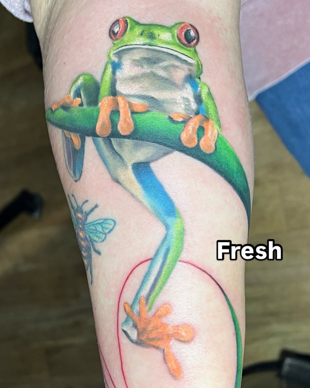 Fresh and healed red eyed tree frog for my mom. It really is kinda cool that my own mom gets tattooed by me. lol #mymomthinksimcool 
.
.
.
@star_child_tattoo @krismaticsalonandspa @_numb_skulled @kwadron_usa @rinsecup #eugeneoregon #brookingsoregon #fuzzytattoo #tattoosbyfuzzy