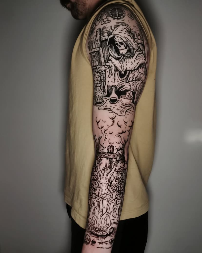 Half sleeve WIP 
#halfsleew #darkart #darkillustration #darkartistssubmission #blacktattoo #onlythedarkest #pepaxcartridges #pepaxofficial #wroclawtattoo #tattoostyle #finetattoo #fineline #takfajnie #bartwoo #darkaesthetic #engravingtattoo #woodcutattoo #etchingstyle #polandtattoos