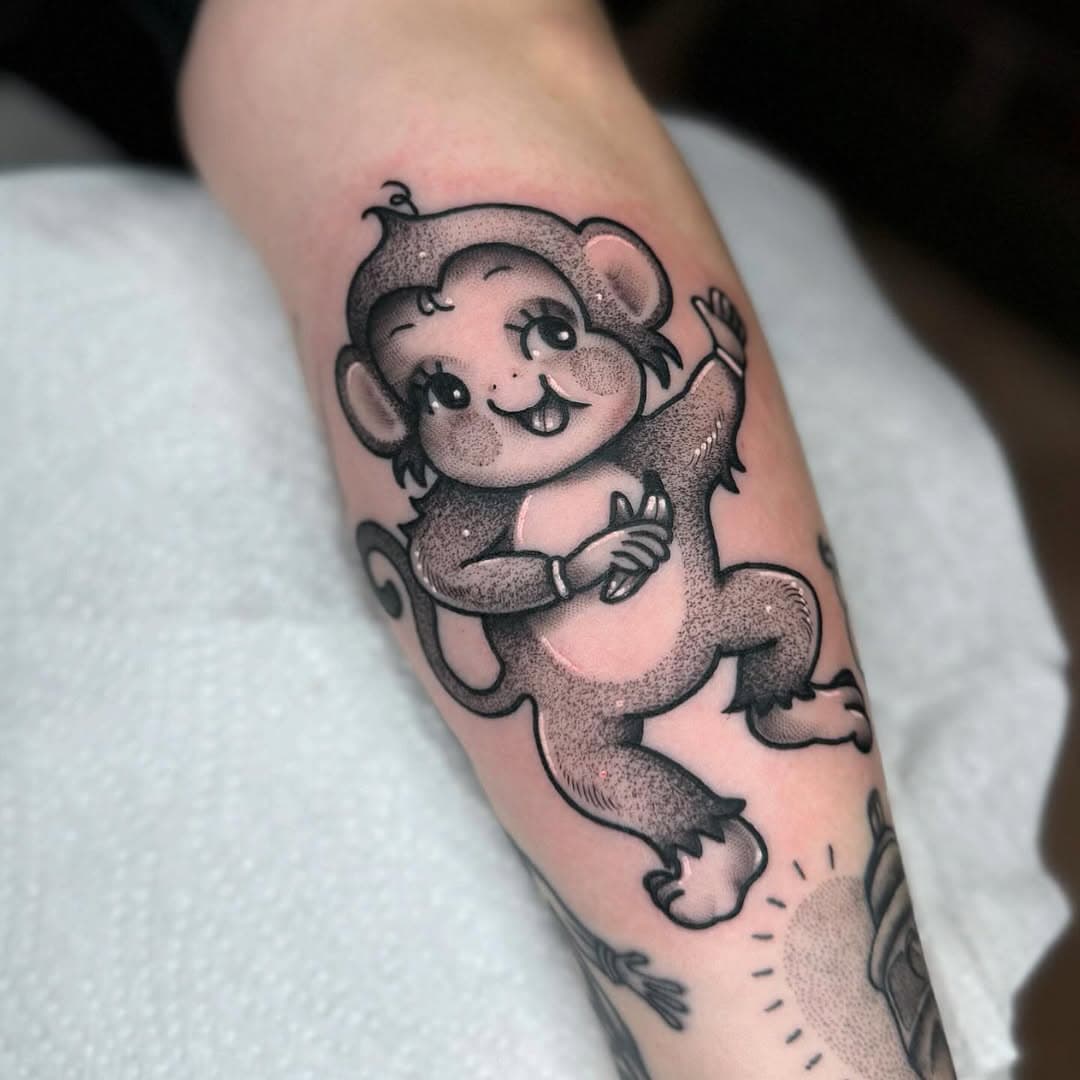 Thank you for this one @megrobertstattoo ❤️🥰🥰🥰🥰 #monkeytattoo #babytattoo #bananatattoo #kewpie #kewpietattoo #kewpiedoll #blackworktattoo #essextattoo #uktattooist #dotworktattoo #traditionaltattoo