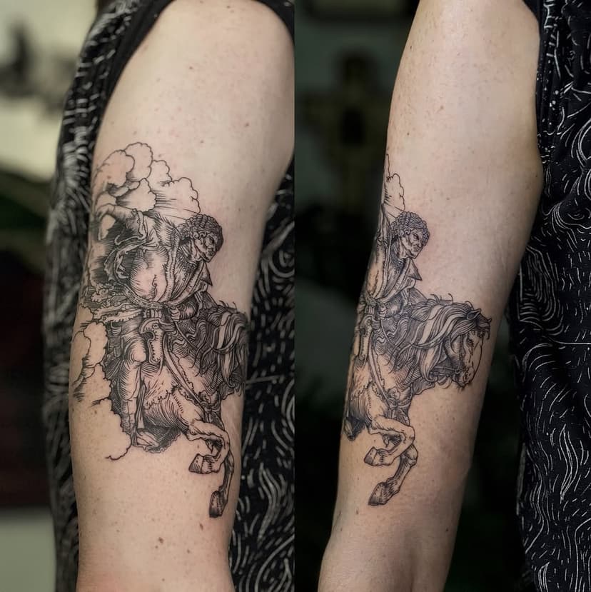 Part of „The Four Horsemen, from The Apocalypse” - Albrecht Dürer’s wood print (1497 -1498)

📍 Tattooed in Poland, Poznan
📩 DM to book

#tattooartist #albrechtdürer #finelinetattoo #inked #polandtattoos #tattooart #art #tattooed #frejka #woodprinttattoo #dürer #polandartist