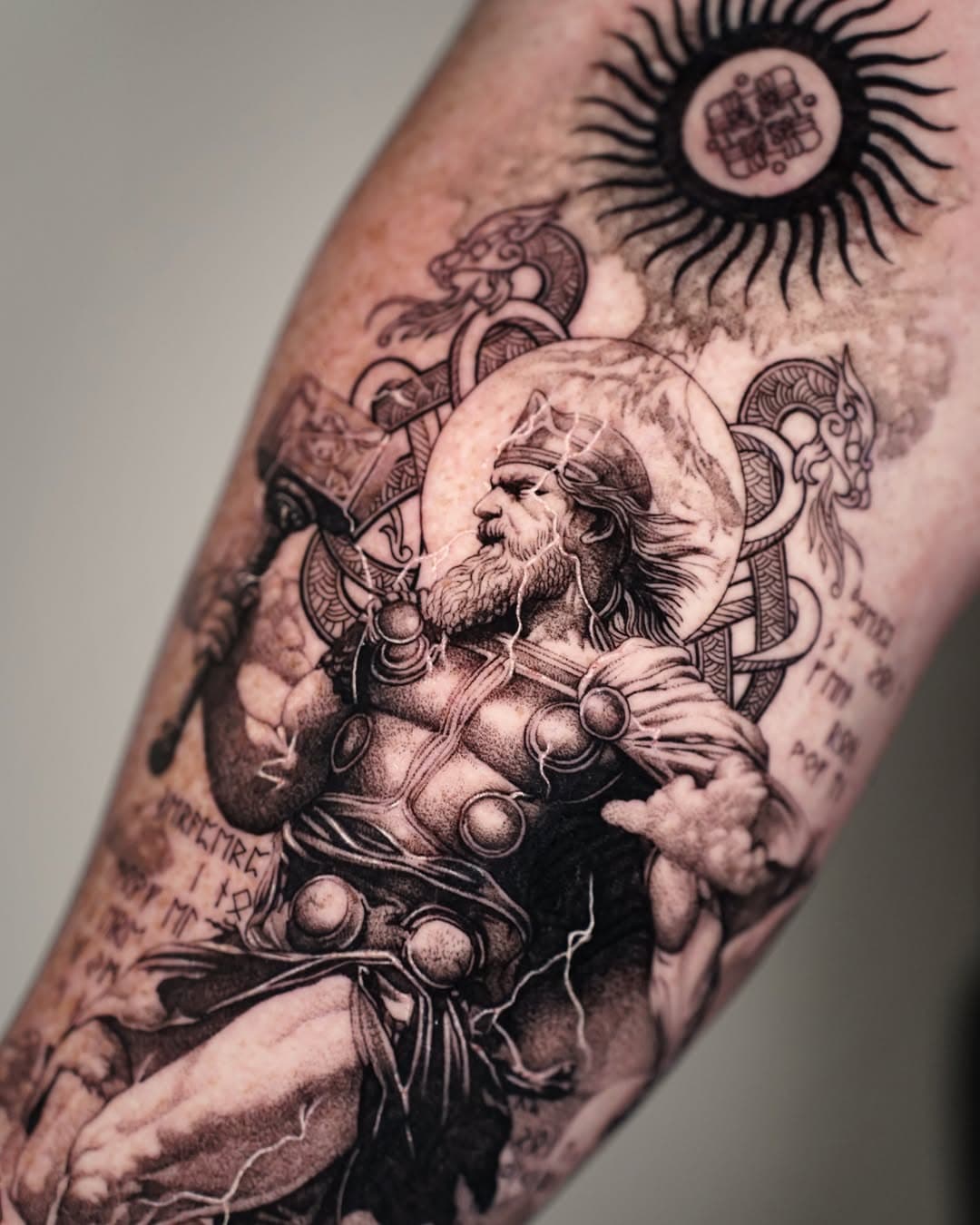 First project of 2025, and it’s all starting with Thor.
Funny enough I got away from the nordic mythology 2 years ago after an overdose of it. The way I was tattooing it got into a dead end and it was hard to be creative about it. 
I want my work to lean toward something even more detailed and mystical than I’m used to do.
This week i’m also doing color to a big project, I can’t wait to show it to you ! 
Thanks Antoine for your trust on that piece 🙏
#3rl #polstattoo #tattoo #forearmtattoo #armtattoo