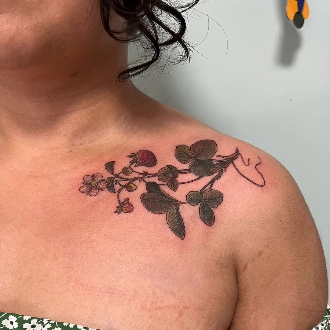 Absolutely besotted with this placement for Maya 🍓
Shoulders/chest/that bit are one of my favourite places to tattoo botanicals, they always flow so well 😭

Pls swipe for a healed bramble - well, they both should be healed by now (pray) as it took me forever and a day to post this. Yay for the annual camera album cleanse! 

_______
Booking March - June
Booking form info bio ❤️
_______

#strawberrytattoo #Illustrativetattoos #naturetattoo #animaltattoo #leedstattoo #ladytattooers #neotradeu #vintagetattoo #botanicaltattoo #taot #dsrupttt #neotraditionaltattoo #neotradworldwide #tttism #tattooistartmagazine #girlswhotattoo #tattoo_art_worldwide #Illustrativetattoo #totaltattoo #ladytattooers #brambletattoo #fruittattoo #🍓 #botanicalillustration