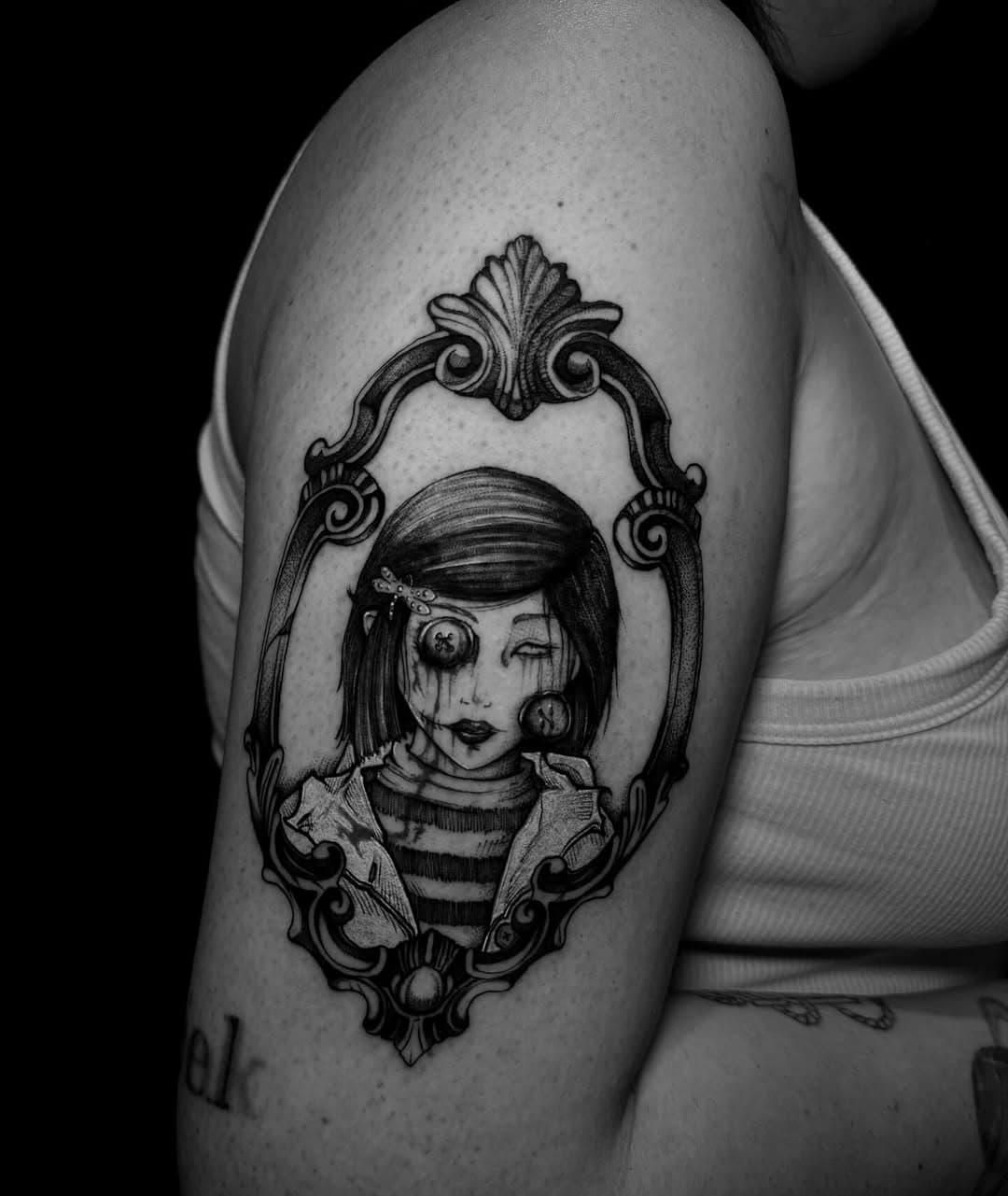 Framed Coraline Jones custom design done the other day. (Swipe for colored version)