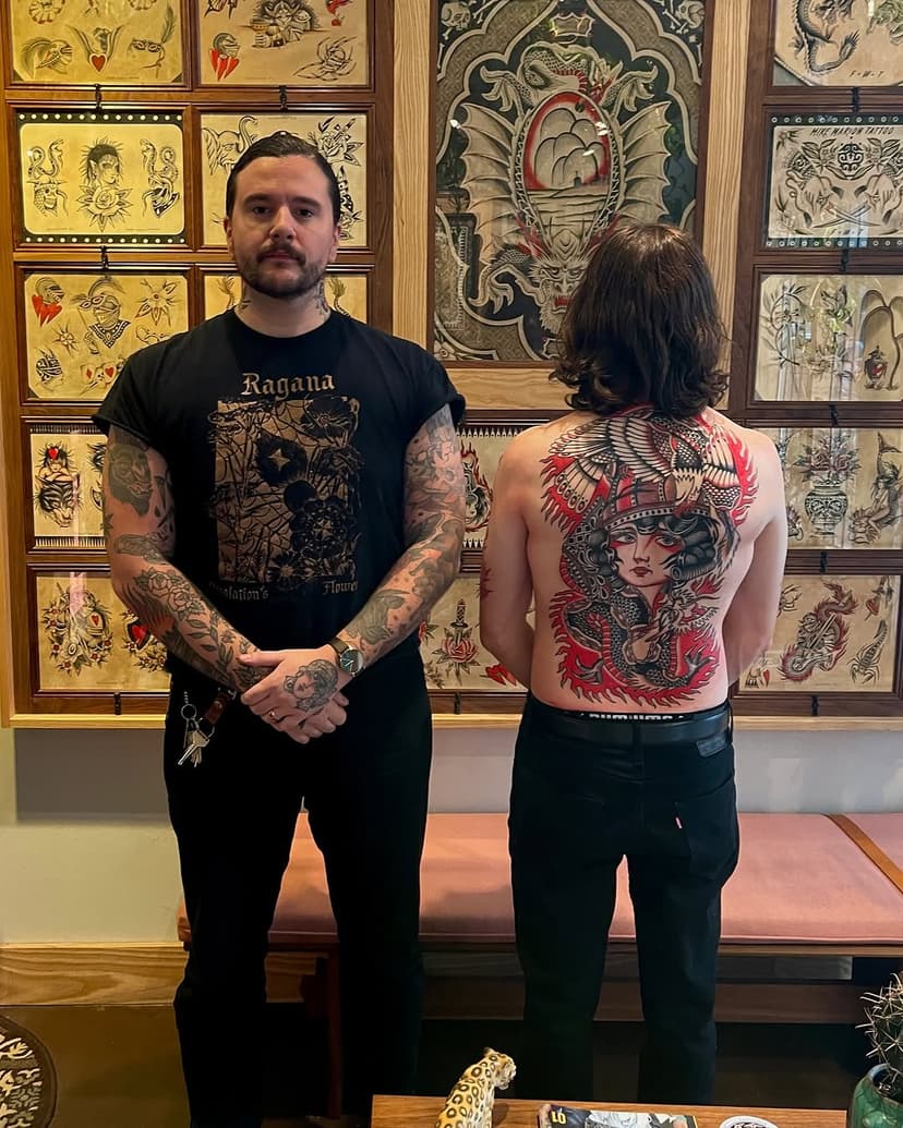 Jacob’s back. Made in three sessions. Based off a painting I made. Thank you so much dude! Tattooed in Portland at @fare_well_tattoopdx 
•
•
•
•
•
•
•
•
#girlheadtattoo #girlhead #pdxtattoo #pdxtattooartist #pdxtattooers #portlandtattooartist #portlandtattoo #tradtattoos #traditionaltattoos #oldlines #oldworkers #backpiece #backtattoo