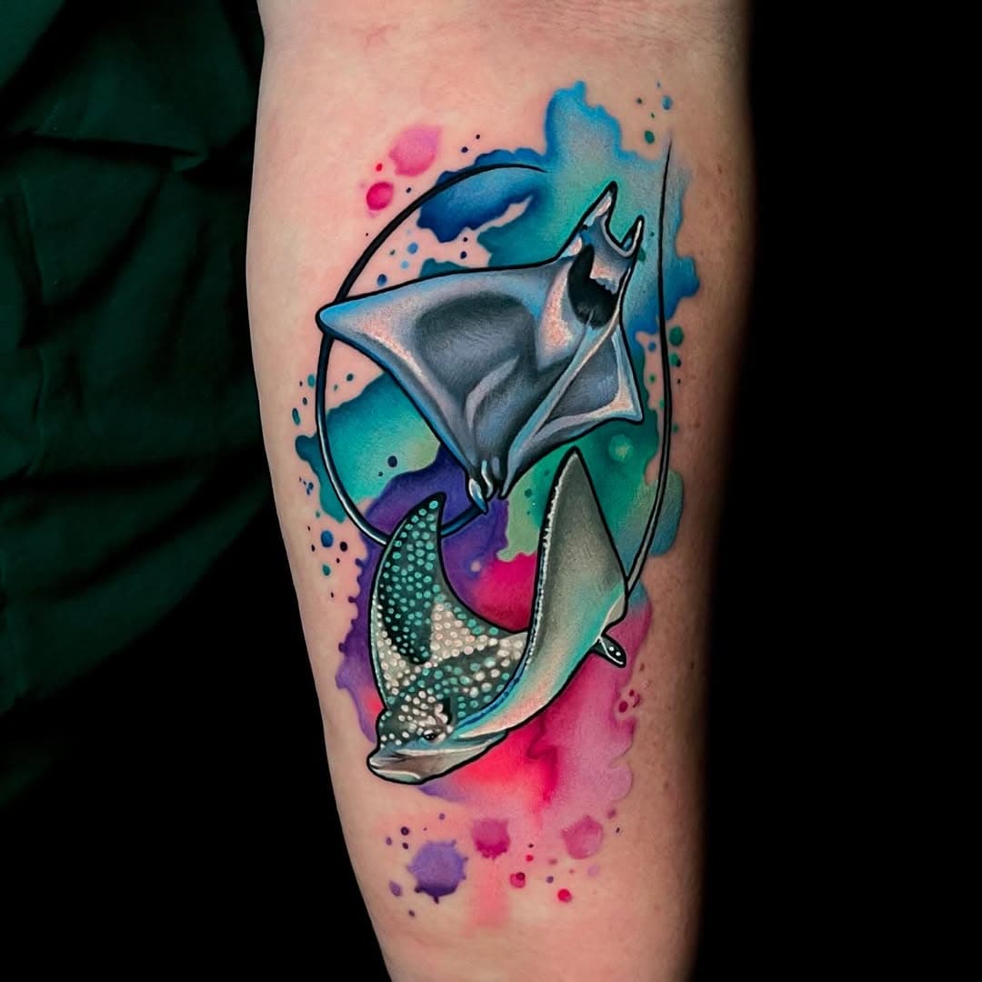 What a brilliant time I’ve had creating this oceanic Manta and Eagle Ray scene for the lovely @sparkle_wildly 💙💜🌊. I loved hearing all about your scuba diving adventures and thank you Victoria for coming to me for such a fun project✨🩷💚
.
Wondering where exactly I am based? I am now offering out tattoo appointments from BOTH the following locations.
.
 **BIRMINGHAM- 34 Tenby street, Jewellery quarter, B1 3EE 🎨🔥**
.
**CHESHIRE- 5 Welles Street, Sandbach, CW11 1GT 🎨🔥**
.
To enquire about getting booked in and to discuss your design ideas in either location, please EMAIL me at jamainepalin_ink@outlook.com with your enquiry or to book your FREE telephone consultation with me please click on the reservio link in my bio or below to select the availability shown that suits your schedule to secure your slot at http://tropikalcoconuttattoo.reservio.com 🎨✨. I look forward to hearing your design ideas☺️
.
#artistsoninstagram #fusionink #colourtattoo #colourtattoos #colourrealism #colourrealismtattoo #worldfamousink #kwadroncartridges #kwadron #watercolourtattoo #floraltattoo #colourportrait  #colourportraittattoo #artistsofinstagram #watercolour #ladytattooers #ladytattooer #uktattoo #uktattooist #birminghamtattoo #manchestertattoo #tattoo #tattoos #cheyennetattooequipment #killerink #butterluxe_uk #stencilstuff #oceantattoo #stingray