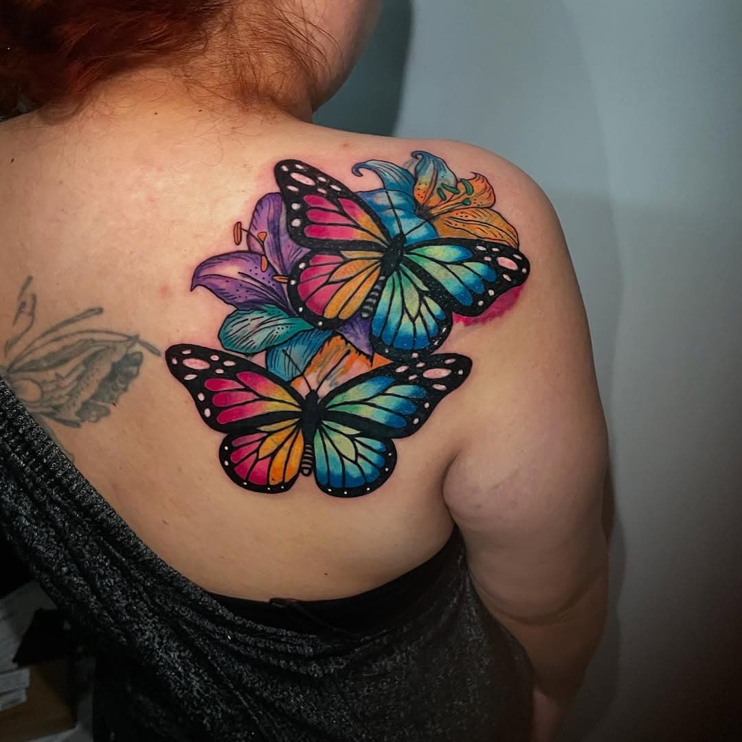 Super colorful coverup by @evil_rob ! Rob is currently booking February and March. If you’d like to Get rid of those tattoos you’re not happy with before summer shoot Rob a DM or Email! #tattoo #nj #newjersey  #njtattooartist #customtattoo #newfoundlandnj #tattoo #okamitattoo #coveruptattoo #butterflytattoo #evilrobtattoos